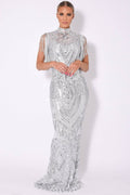 Nazz Collection Clothing Ltd - Magic Vip Silver Luxe Tassel Fringe Sequin Embellished Illusion Maxi Dress: 12