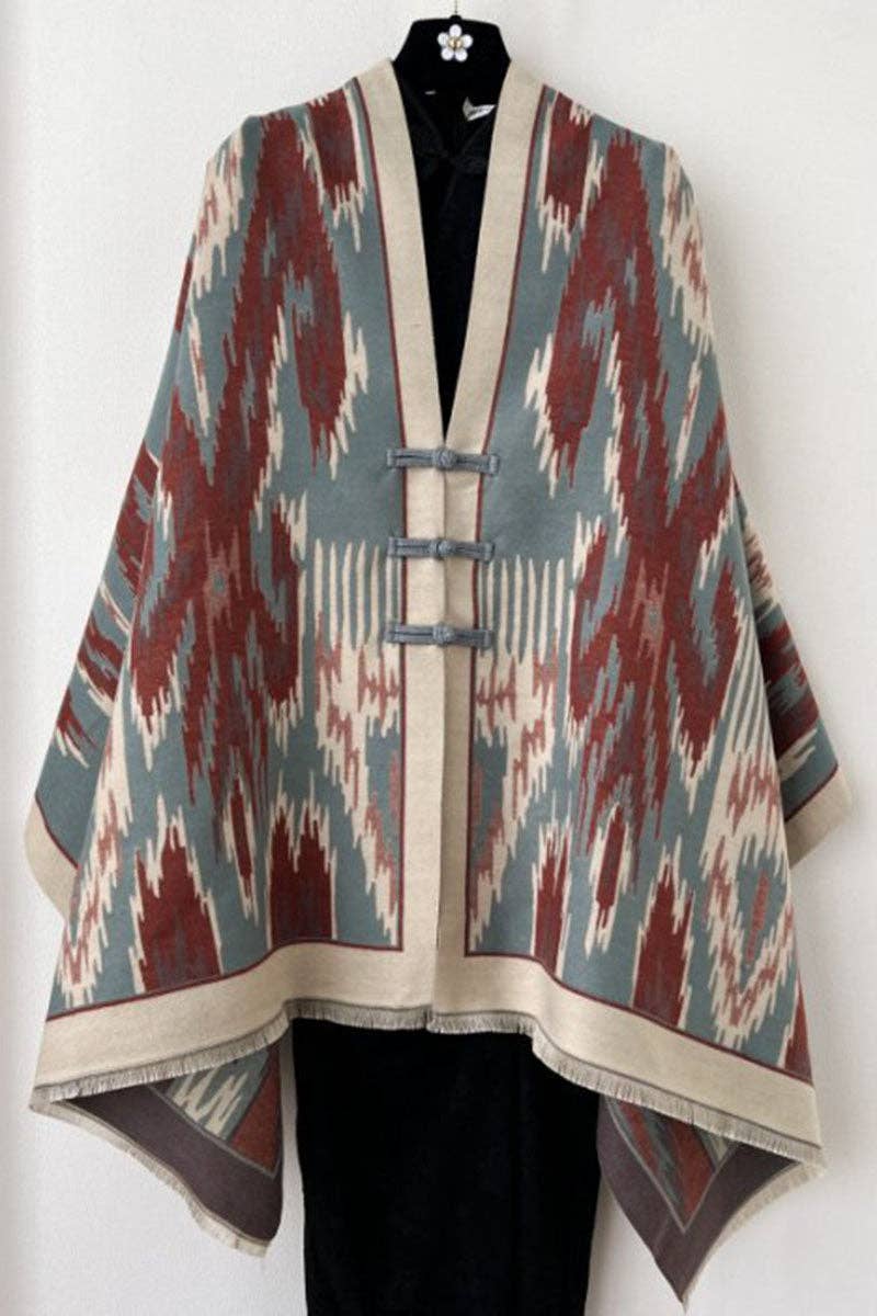 Mccolin - Print Toggle Front Cape Cardigan: BLUE / One Size