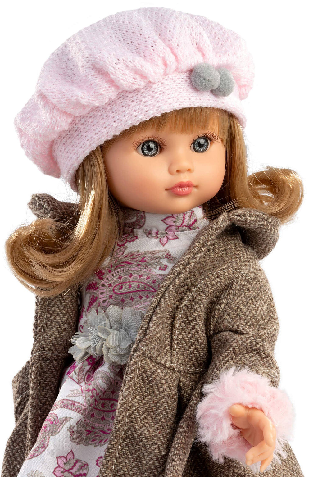 Fany doll with brown dress and coat. 40 cm