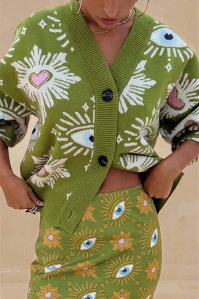Mccolin - Eye Pattern Button-Front Cardigan: GREEN / L