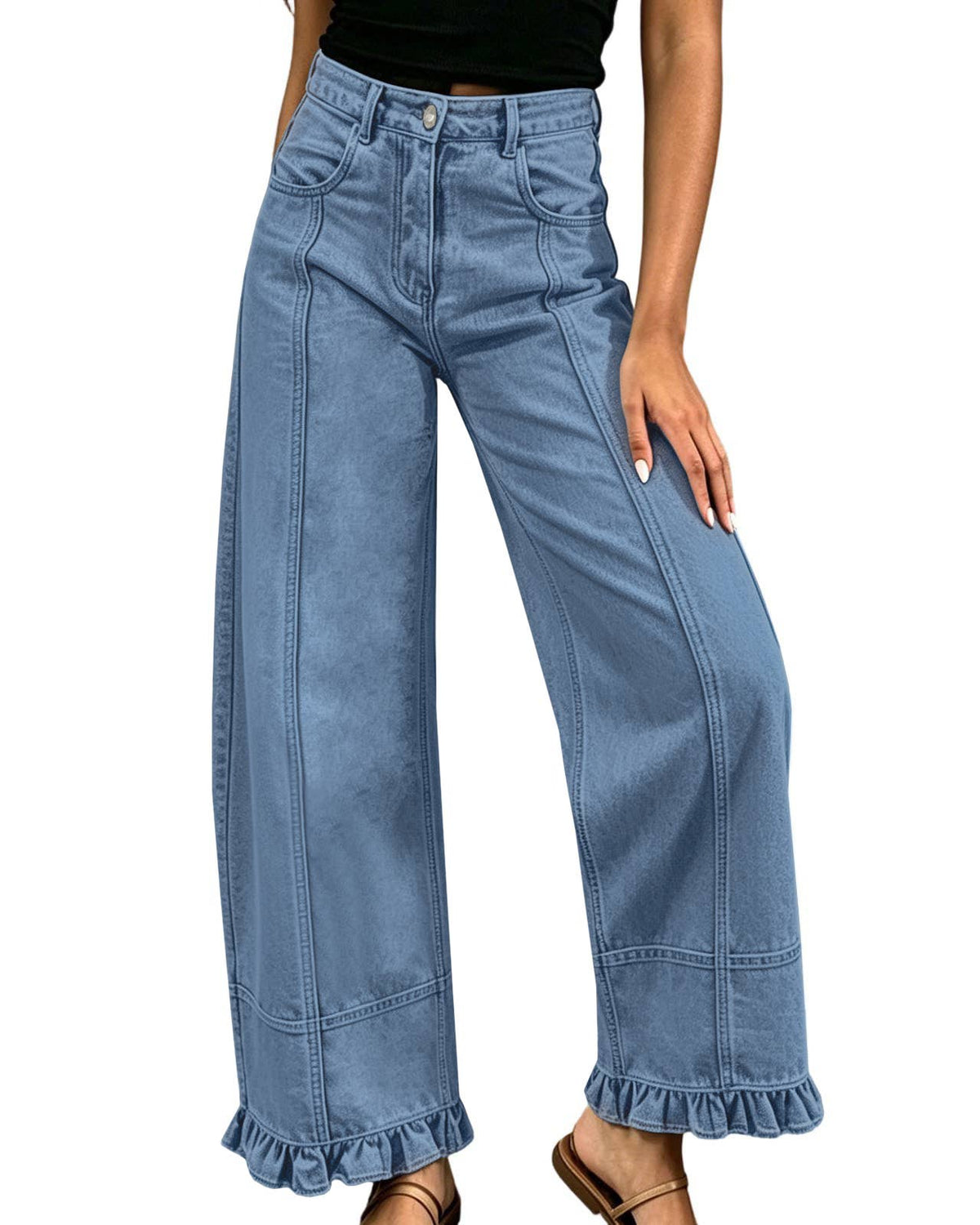 Rosa Clothing - Vintage Patchwork Seam Ruffle Hem Baggy Wide Leg Jeans: A / XXL