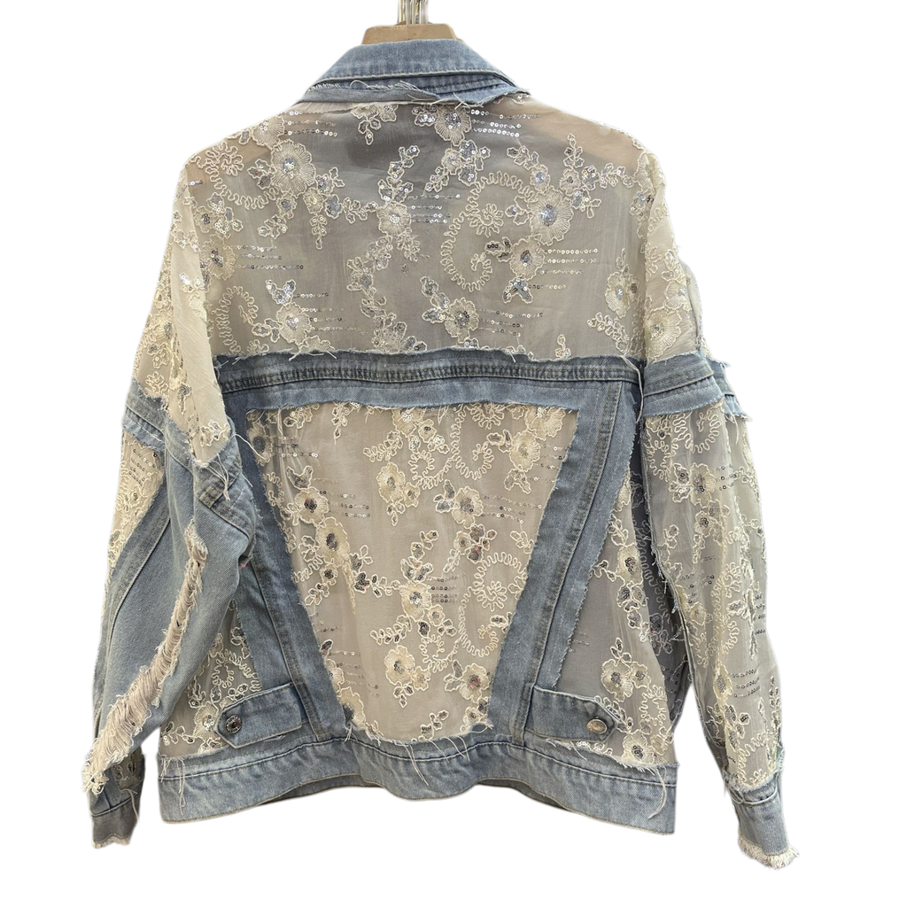 Rosa Clothing - Sheer Sequin Floral Embellished Oversized Denim Jacket: Blue / M